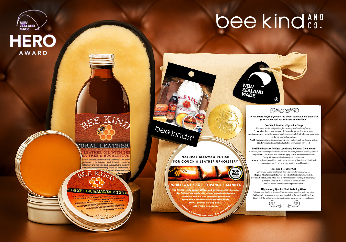 Bee Kind™ Complete Leather Couch Care Kit – Natural Leather Cleaner & Conditioner